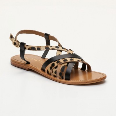 Sandales Hester Black  et  Leopard Calank pour femme 100% Cuir